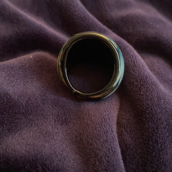 Galéries Lafayette glass ring w/ aqua blue flower & bronze glitter base. - Picture 4 of 4